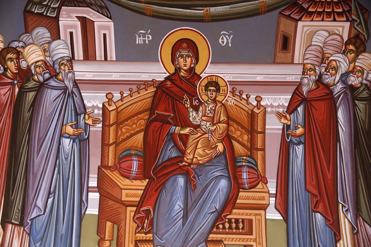 Kykkos Monastery, Cyprus: Fresco of Virgin and Child Surrounded by Orators, Pedoulas, Cyprus by Unbekannt