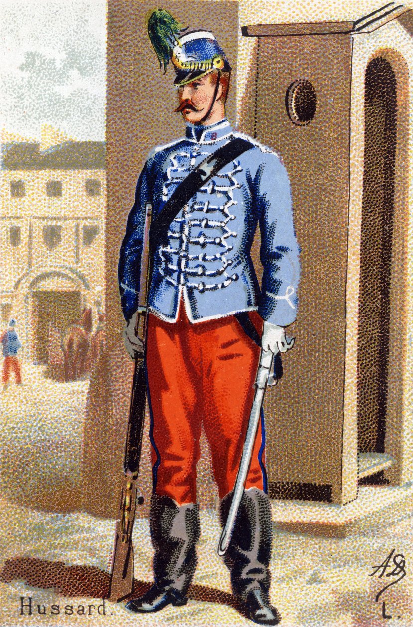 L: Hussar. Engraving in "Military Alphabet". Illustrator