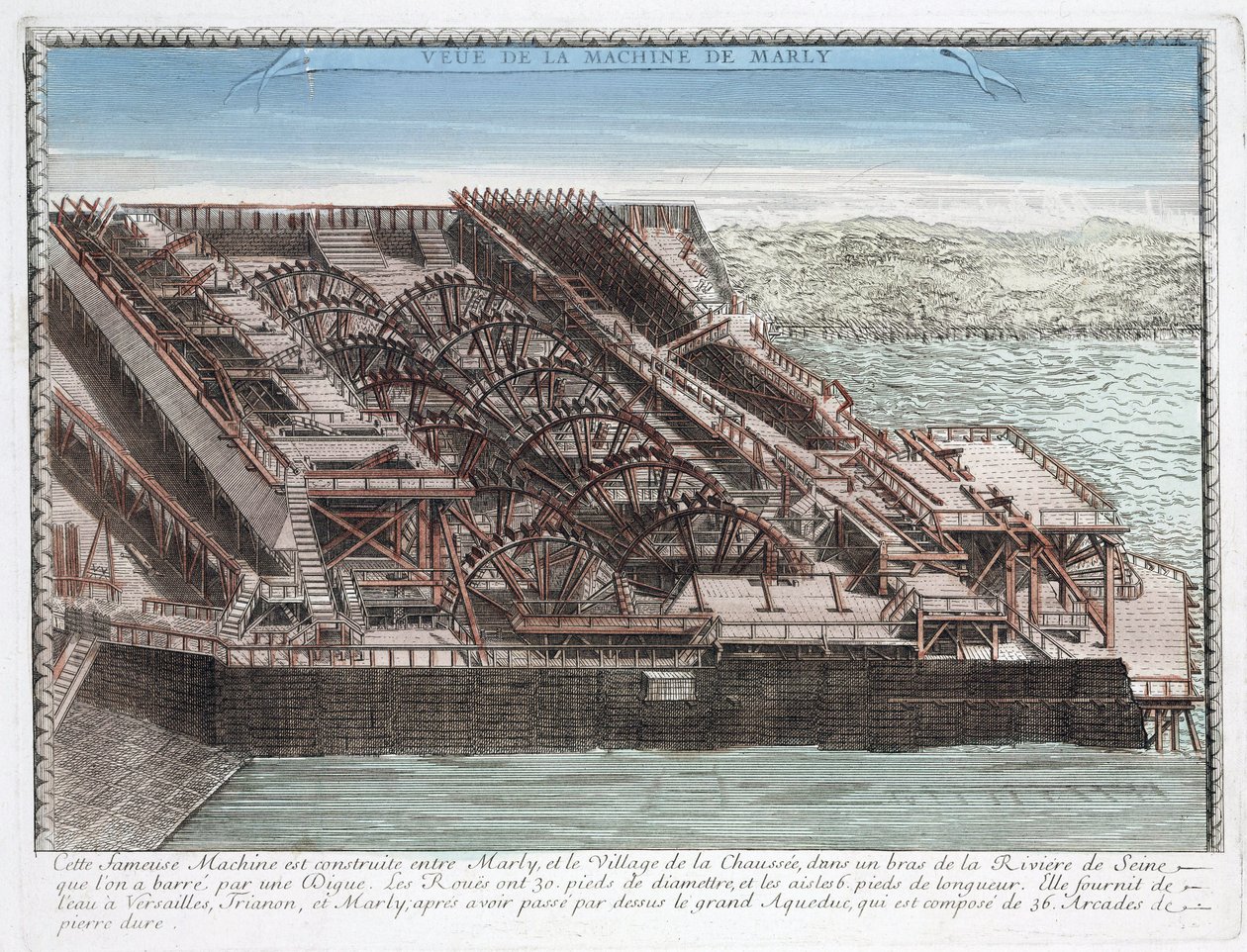 The Marly Machine by Rennequin, used to pump and convey water from the Seine to Versailles via the Marly aqueduct, to supply water to the parks of the Marly and Versailles castles by Unbekannt