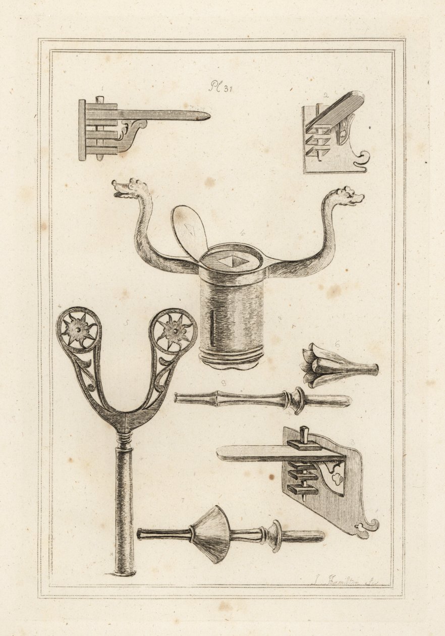 Lance rest, musket rest, coronel from a tilting lance, staff or handle of a tilting lance with hand protector, and tilting lance without hand protector by Unbekannt