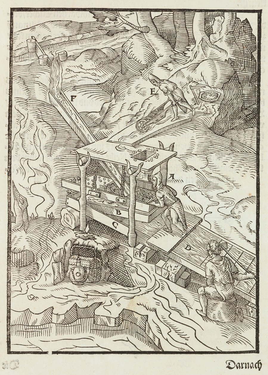 Washing of gold ore - Engraving from Description of ores and main mining methods, by Lazarus Ecker by Unbekannt