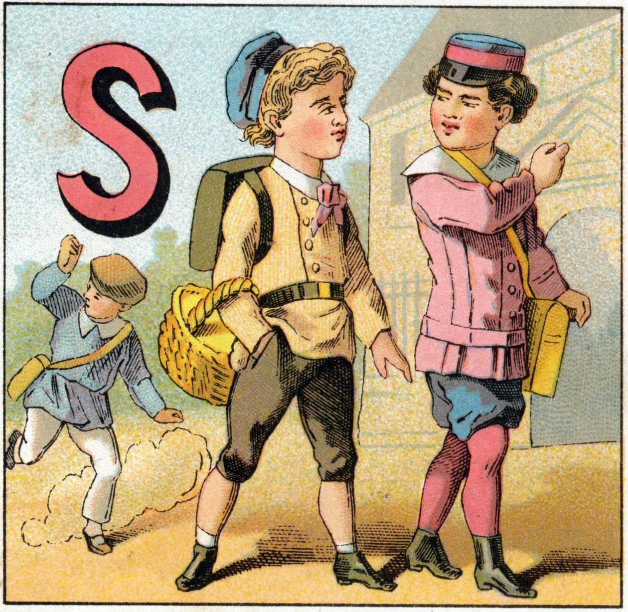 Letter S as School Leaving. Engraving in 