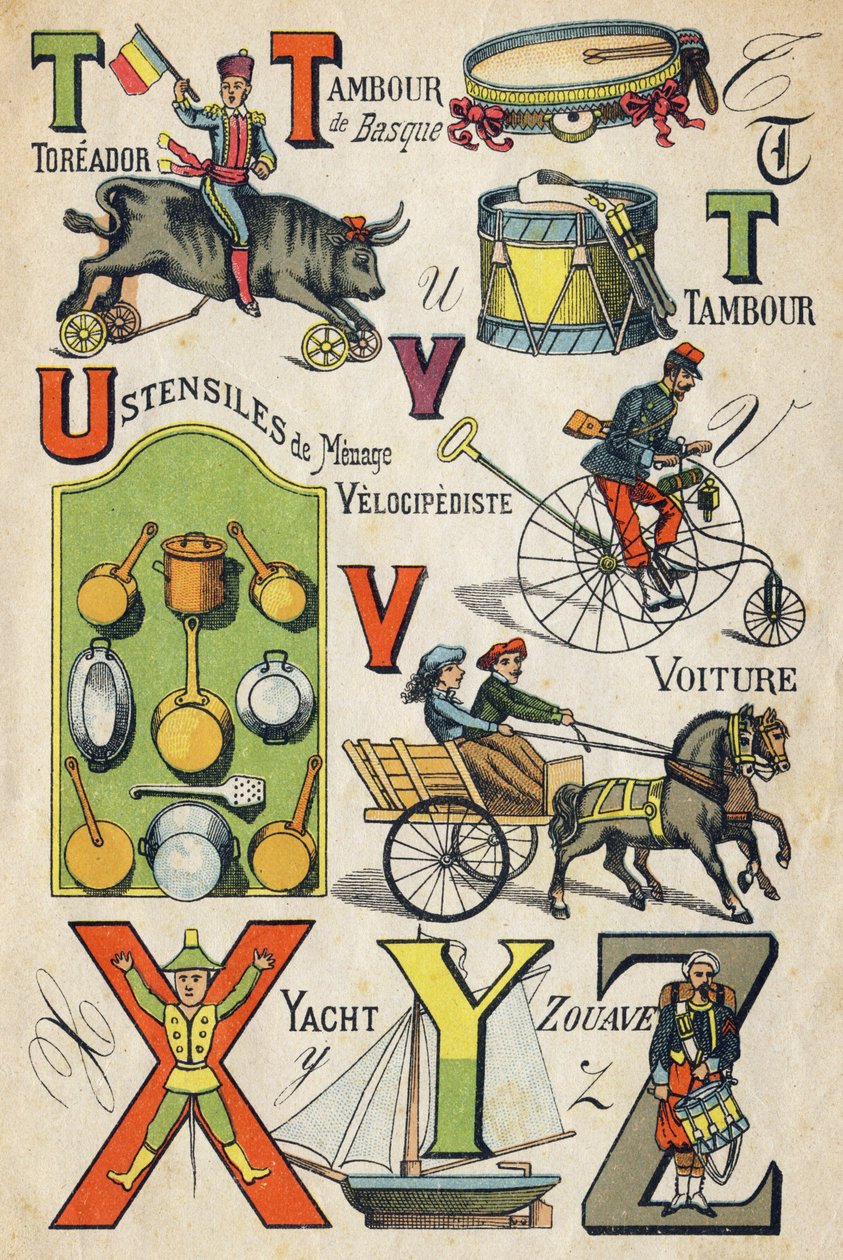 Letter T, U, V, X, Y and Z. Engraving in "ABC Toys". Epinal imaging in chromolithography, circa 1890 by Unbekannt