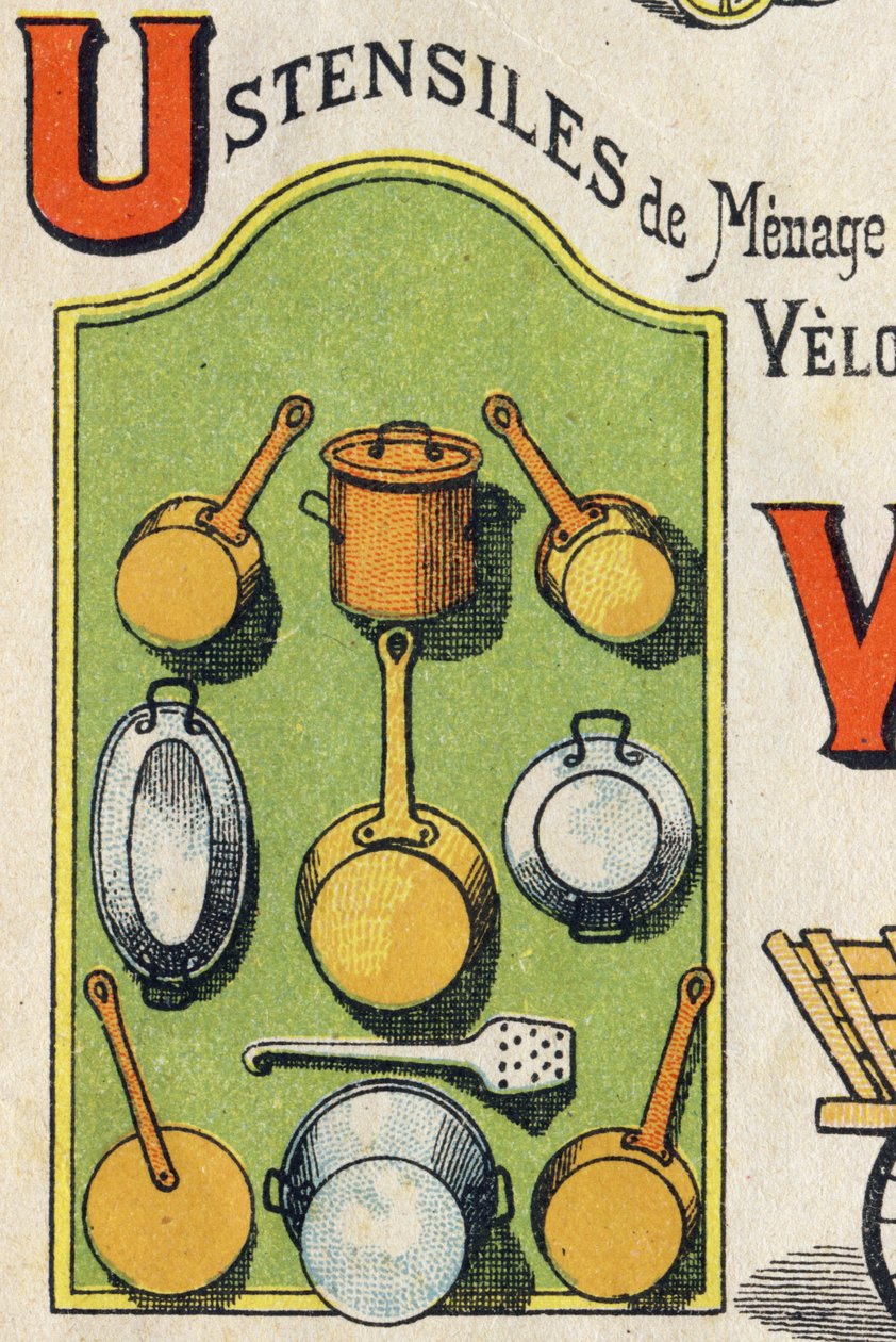 Letter U. Cocote, stove, squirrel, saucepan. Engraving in "ABC Toys". Epinal imaging in chromolithography, circa 1890 by Unbekannt