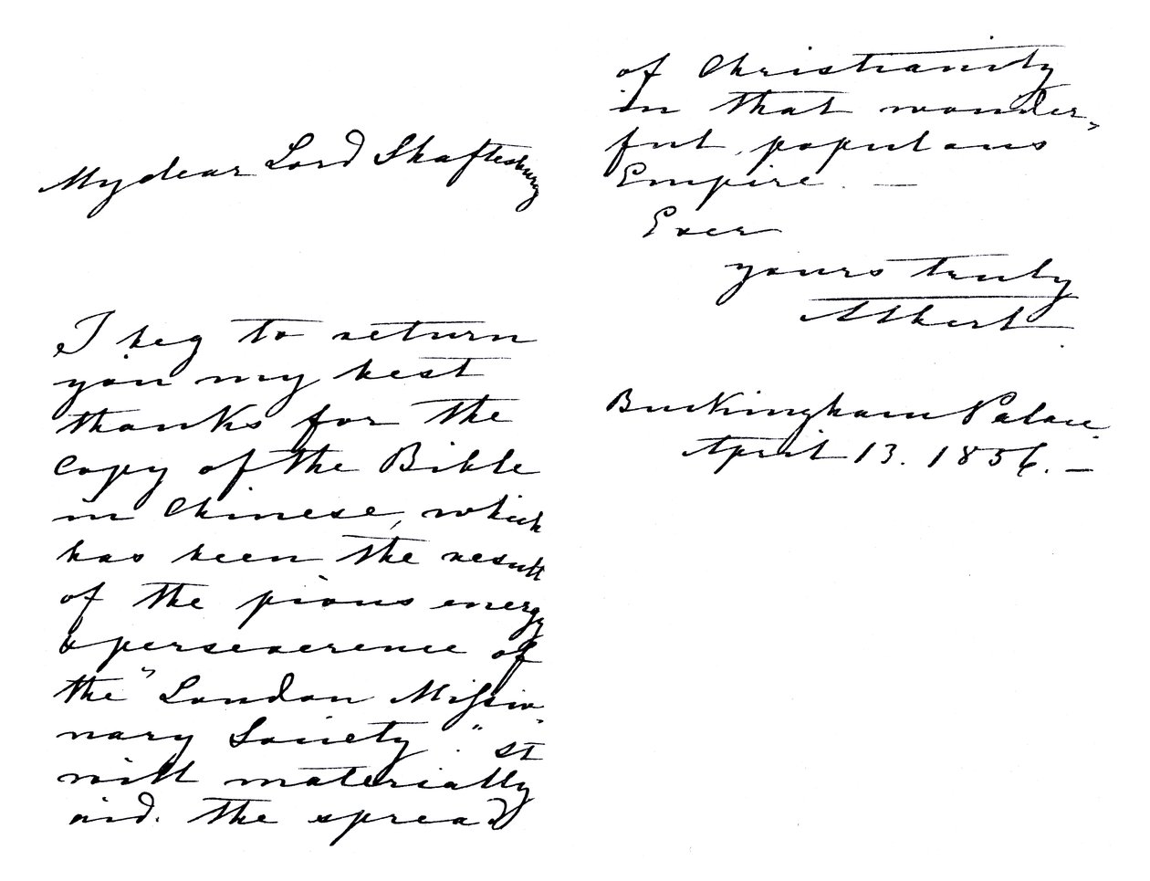 Letter from Albert, Prince Consort, to Anthony Ashley-Cooper, Earl of Shaftesbury, thanking him for a copy of the Bible in Chinese, written from Buckingham Palace by Unbekannt