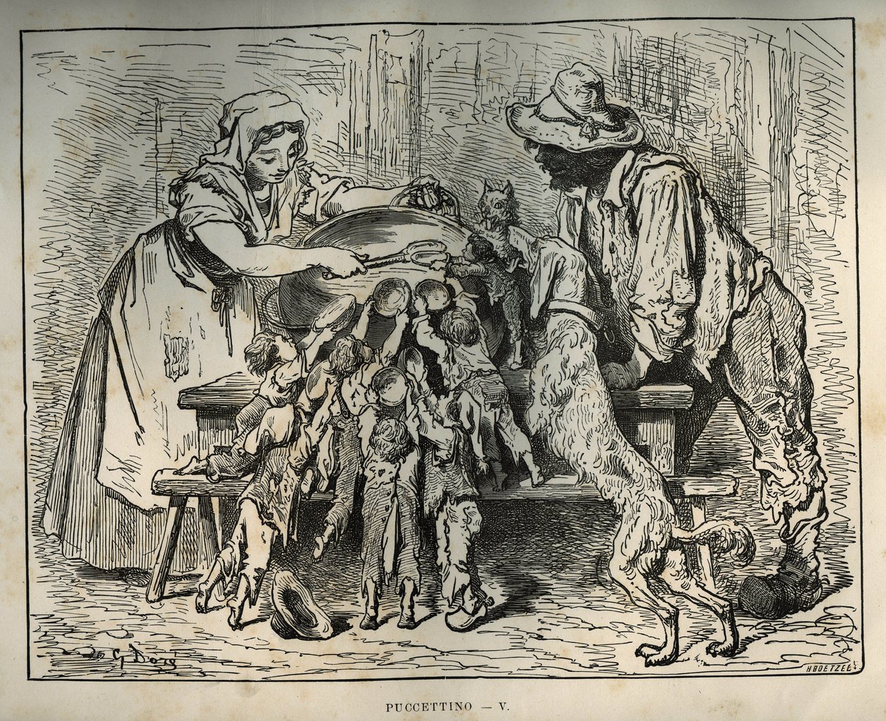 Little Poulet and his hungry brothers. Engraving by Gustave Dore from 