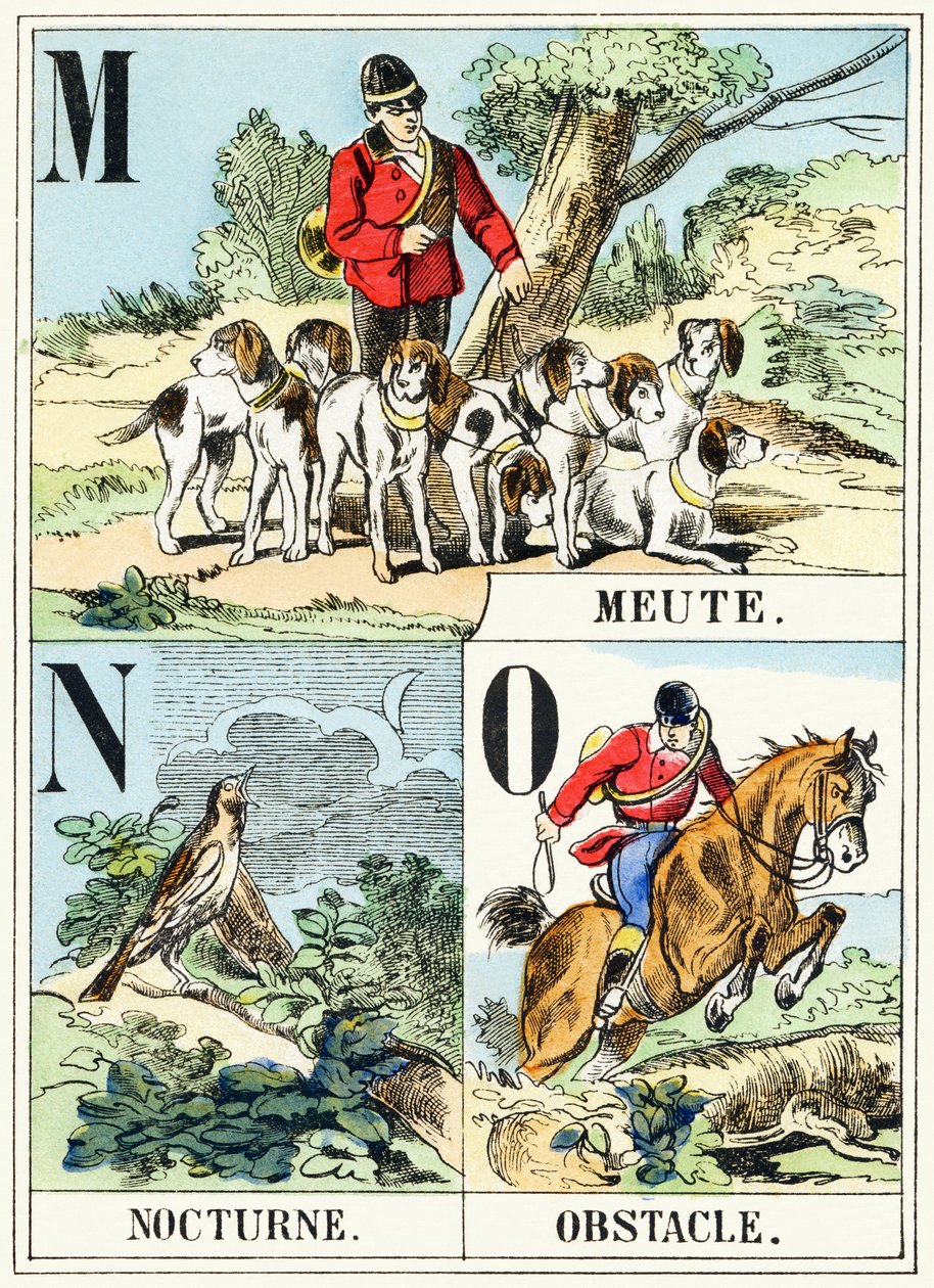 M N O: Pack, Nocturne, Obstacle - The Hunting Alphabet, c.1890 by Unbekannt