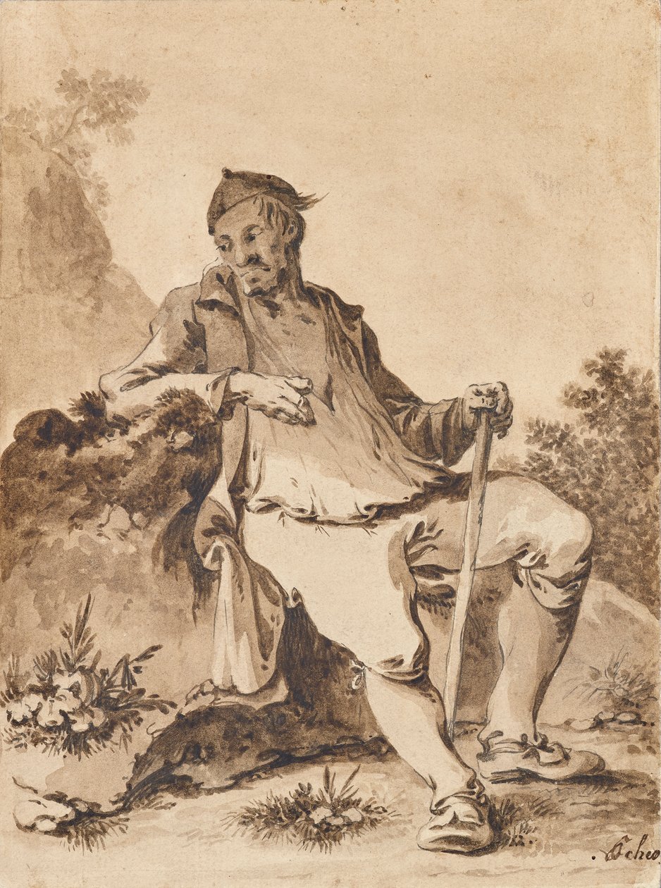 Man with Cap and Stick Resting on a Stone by Unbekannter Künstler