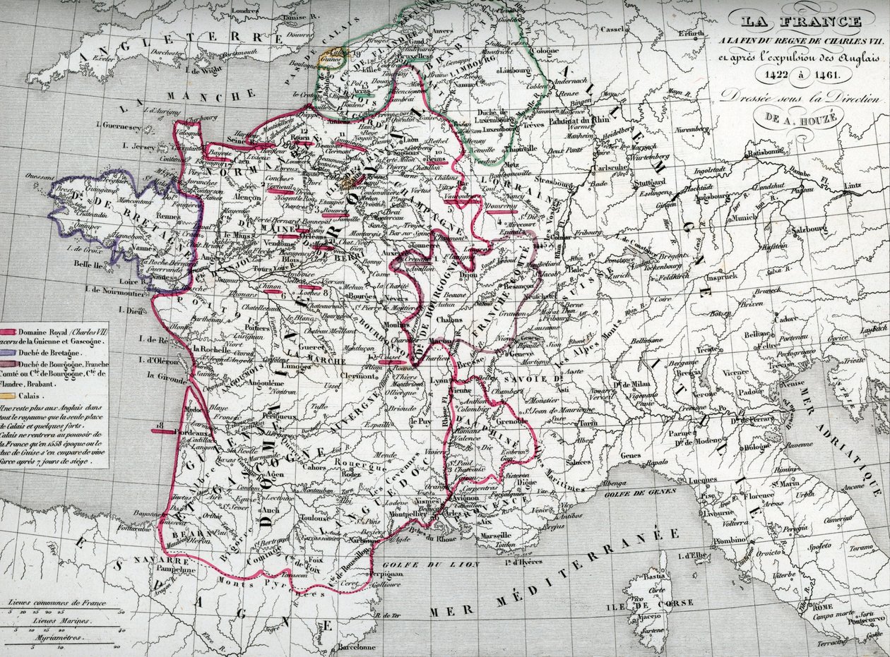 Map of France at the times of King Charles VII and after the expulsion of the English between 1422 and 1461 (Plate from Houze