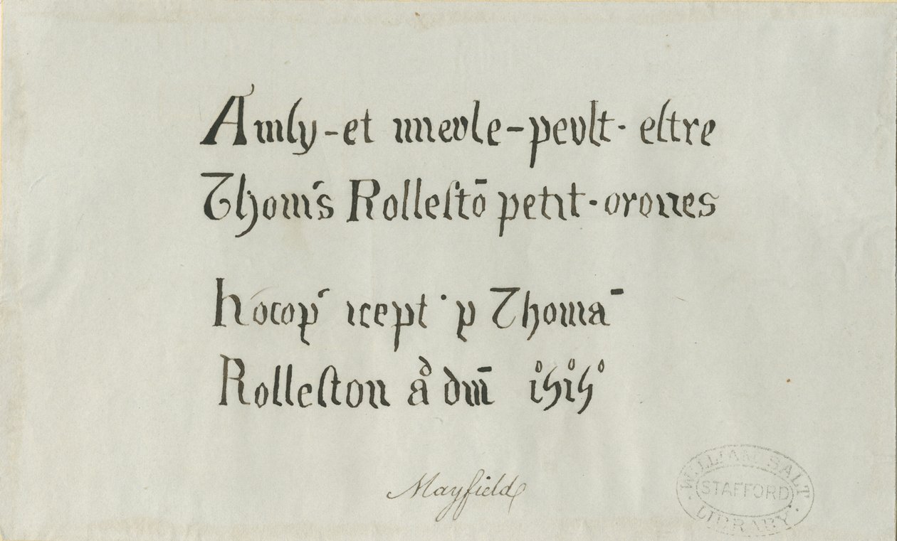 Mayfield Church - Inscription to Thomas Rolleston: pen drawing by Unbekannt