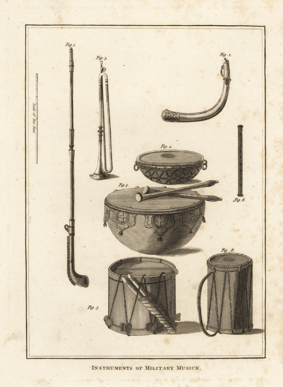Military musical instruments: trumpet, horn, fife, kettle drum, side drum by Unbekannt
