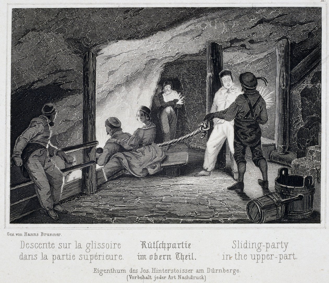 Salt mine: visitors installing in the upper part of the slide leading into the underground of the mine, in Durrnburg, Austria by Unbekannt
