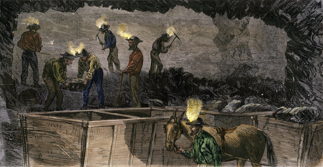 Miners Digging the Mine and Loading the Coal into Small Cars Fired by Mules in Pennsylvania, Coloured Engraving from 1860 by Unbekannter Künstler