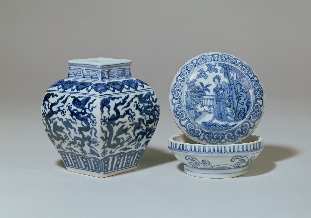 Ming Blue and White Square Baluster Jar and Circular Box by Unbekannt