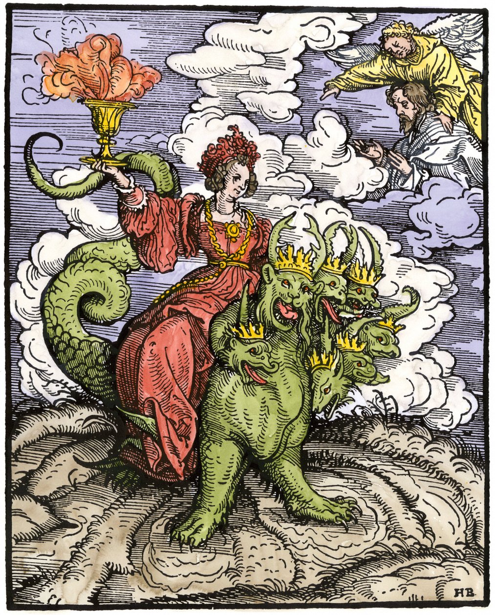 The Great Prostitute of Babylon riding the dragon with 7 heads (Colourful engraving from the New Testament) by Unbekannter Künstler