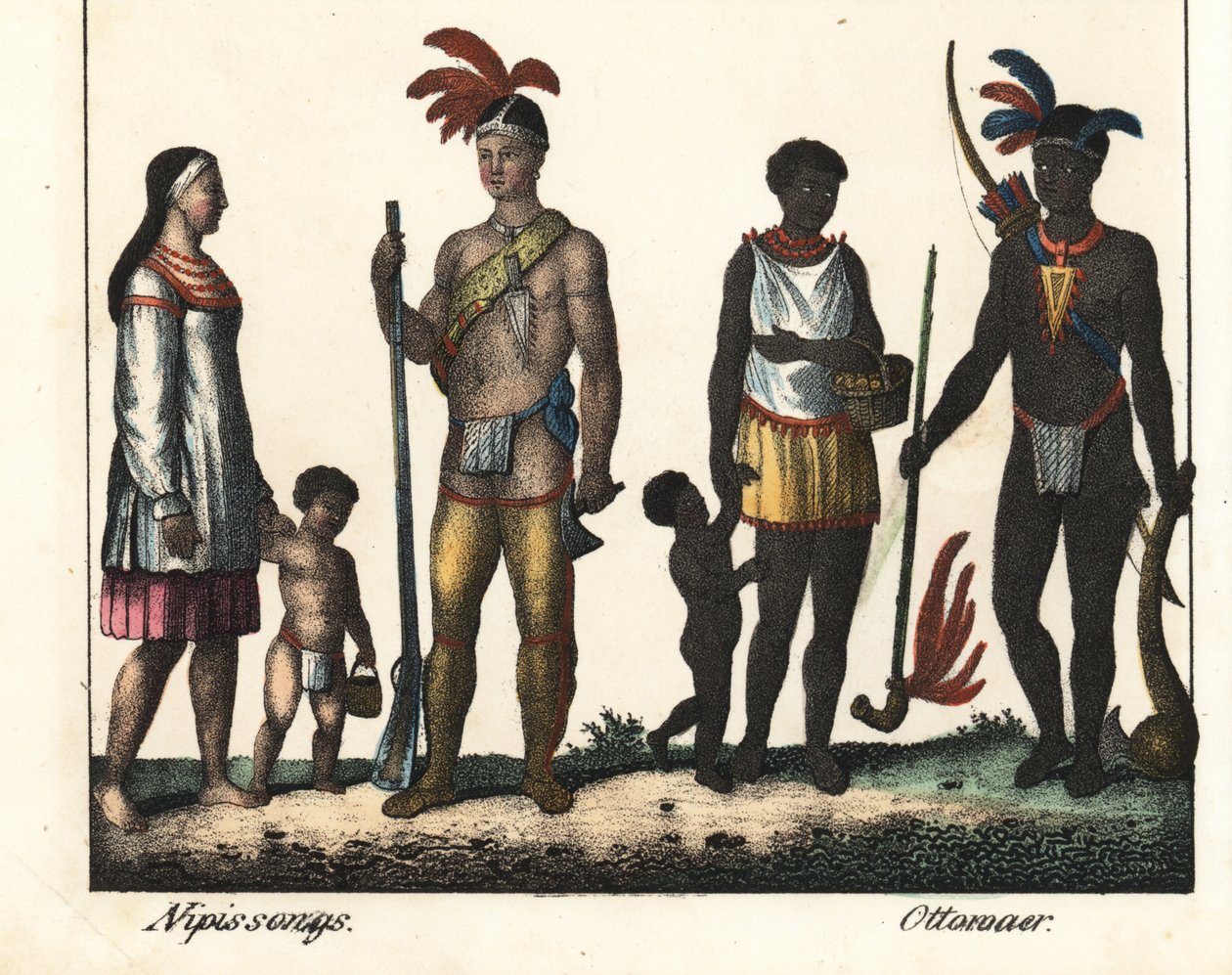 Native to Canada: a family of Indians from Lake Nipissing and a family of Indians from the Ottawa area. Lithography for the book: “Galerie complete en tableaux fideles des peuples d