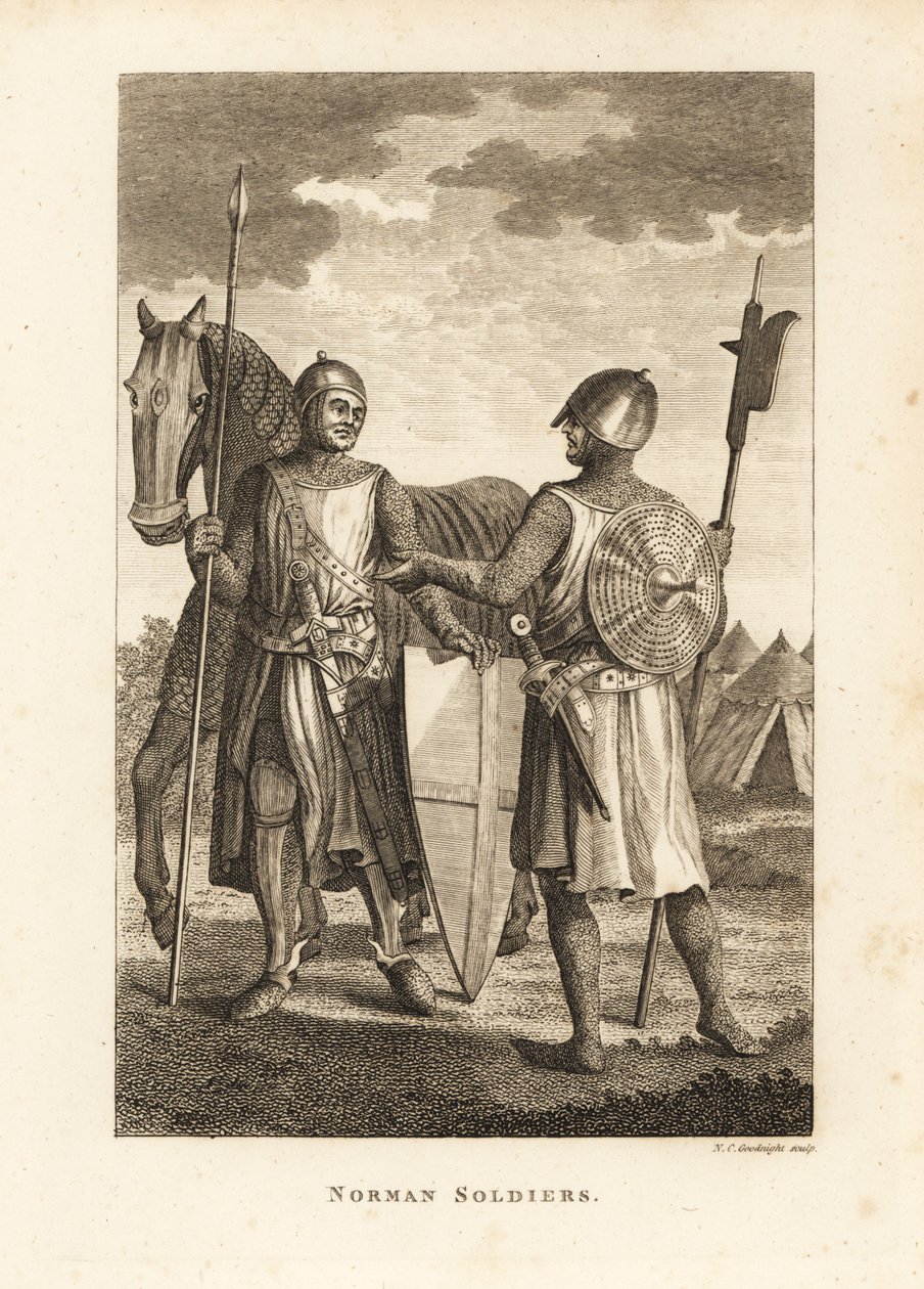 Norman Soldiers in Chainmail and Plate Armour with Shield, Lance, Halberd, in Front of Military Campaign Tents by Unbekannt