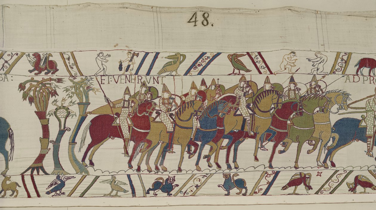 Norman soldiers leaving Hastings to do battle with Harold, Bayeux Tapestry (wool embroidery on linen) by Unbekannt