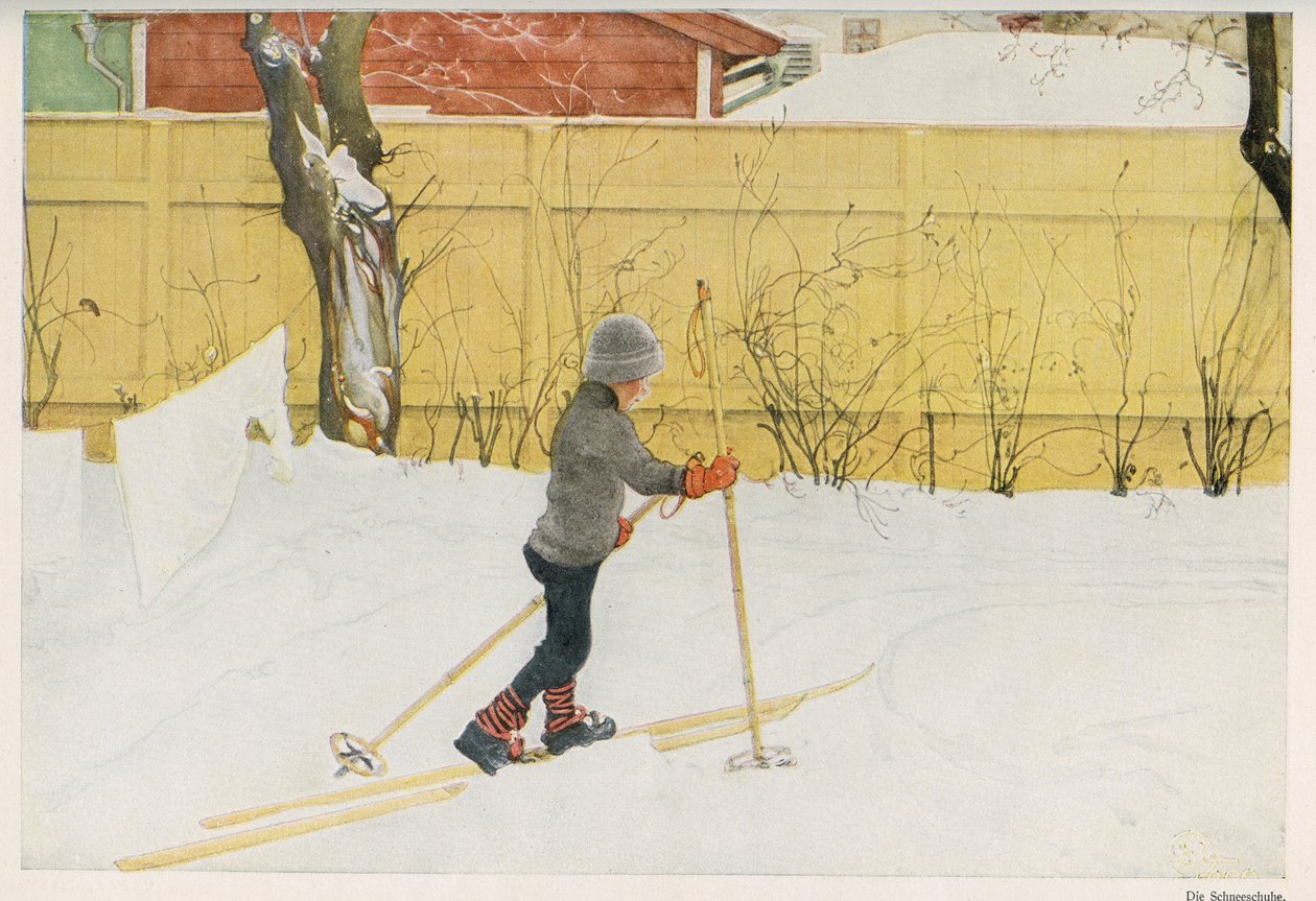 One of the Children of Swedish Illustrator Carl Larsson (1853-1919) Learning to Move on Skis. Drawing from 