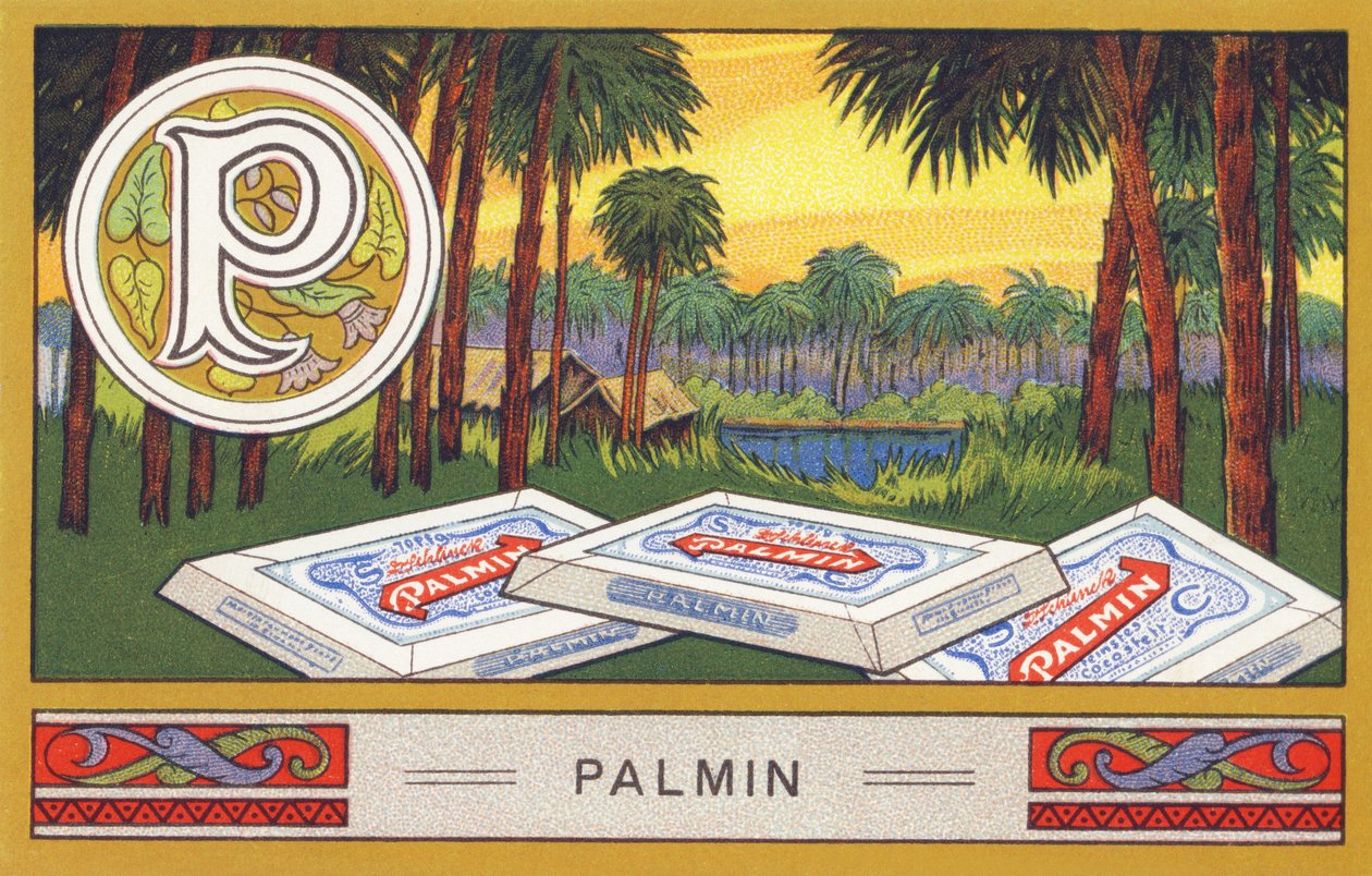 P: Palmin - Alphabet Palmin. Series of chromolithographs published by H. Schlinck & Co, Hamburg. Advertisement for Palmin finest coconut fat. Dimensions: 7 x 11 cm by William M. Timlin