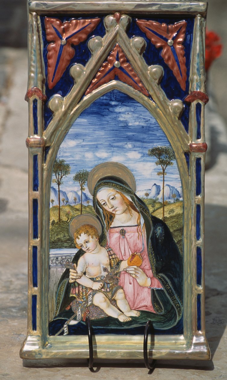 Painted ceramic tile depicting Madonna and Child by William M. Timlin