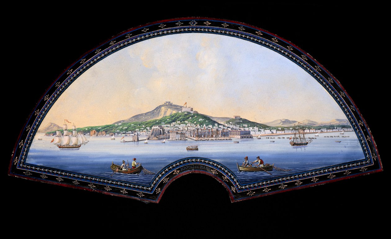 Paper fan model with a gouache painting representing the destinations of the Grand Tour, usually a practical journey by artists and intellectuals of the 18th and 19th century in the Mediterranean countries during their youth for their education and enrichm by Unbekannt