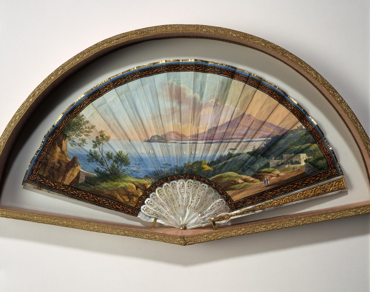 Paper fan model with a gouache painting representing the destinations of the Grand Tour, usually a practical journey by artists and intellectuals of the 18th and 19th century in the Mediterranean countries during their youth for their education and enrichm by Unbekannt