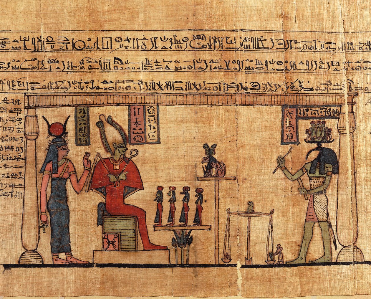 Papyrus from the First Book of Breathing of Ousirour, Thoth weighing soul of Ousirour before Isis and Osiris by Alec Hunter