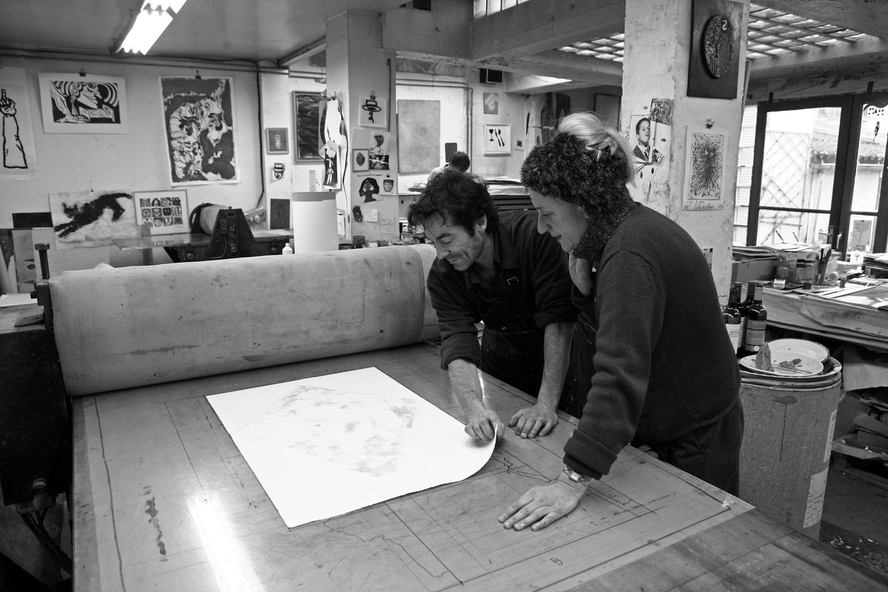 Pascal Gauvard, Co-founder of Pasnic Engraving Workshop, Annie-Paule Thorel, French Painter. Discovered from Engraving After Printing. Pasnic Engraving Workshop in Paris in 2009. by Unbekannt