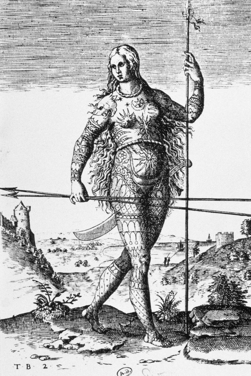 Pict woman tattooed carrying weapons by Unbekannter Künstler