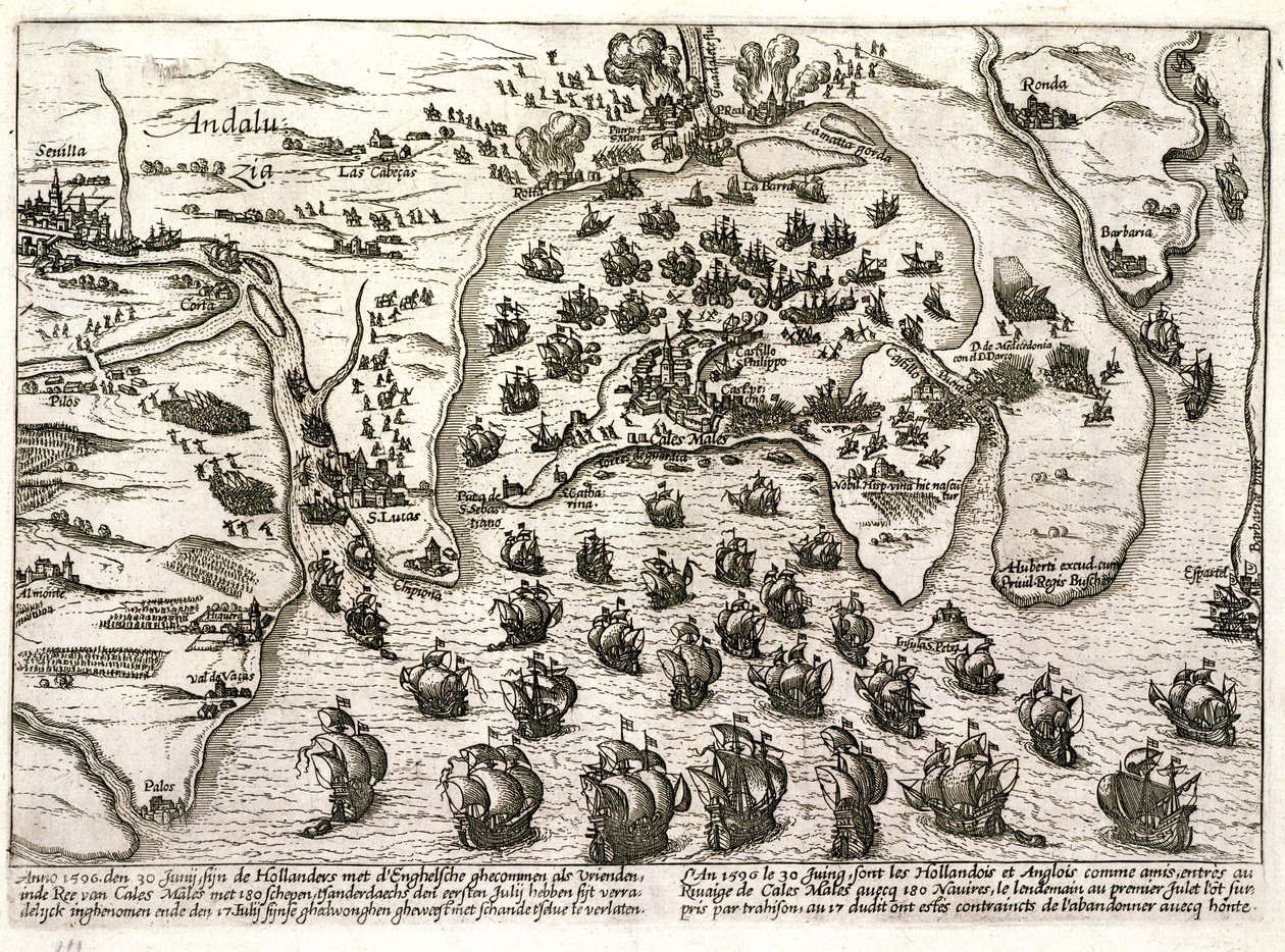 Plan of the port of Cadiz in 1596 at the time of the attack by Sir Walter Raleigh by Unbekannter Künstler
