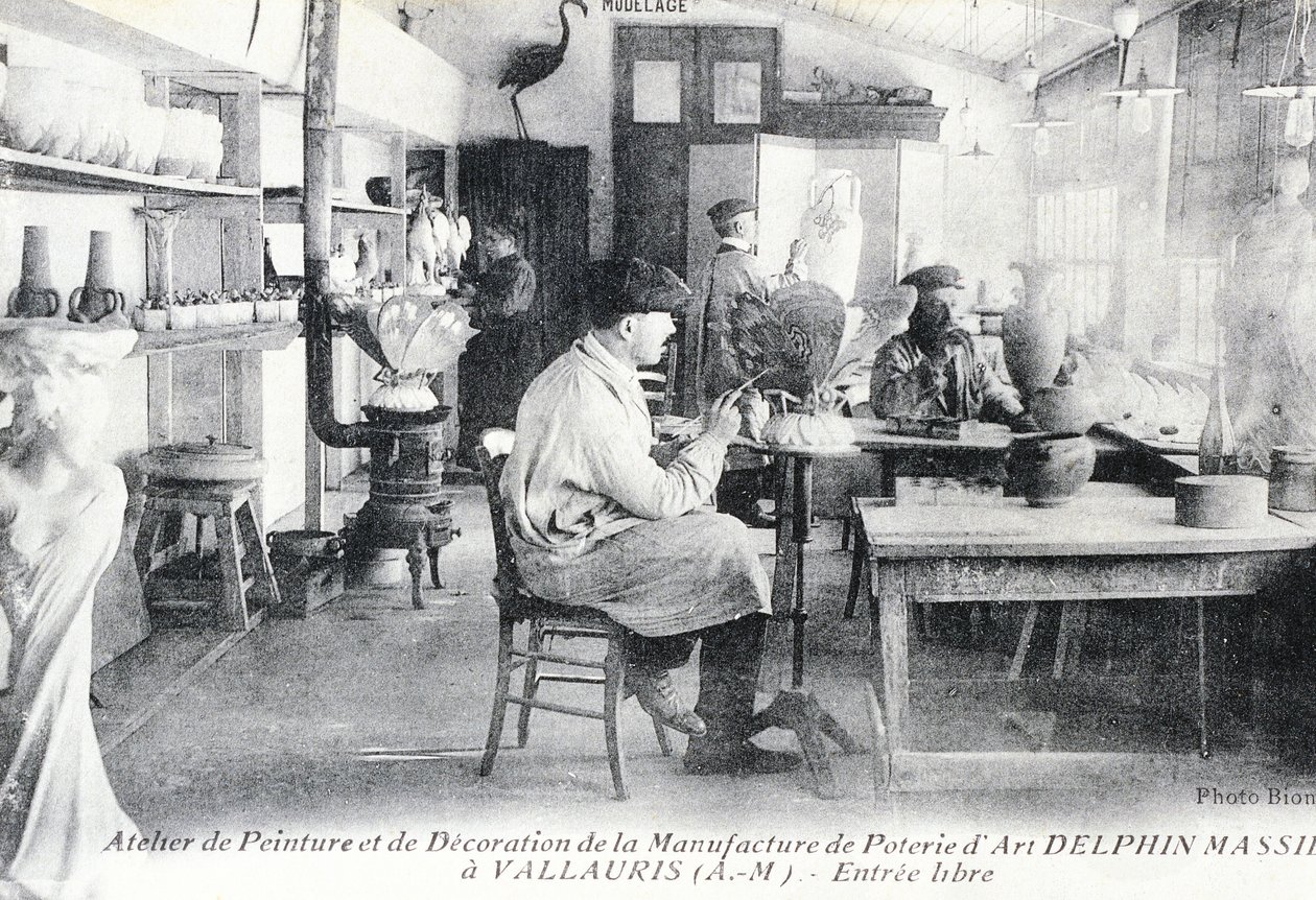 Postcard depicting artisans at work making Delphin Massier art pottery in Vallauris by Benjamin Baud