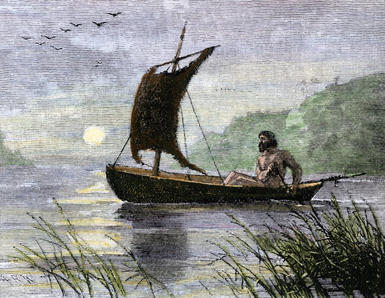 Prehistoric navigation, rowing canoe with animal skin sailing