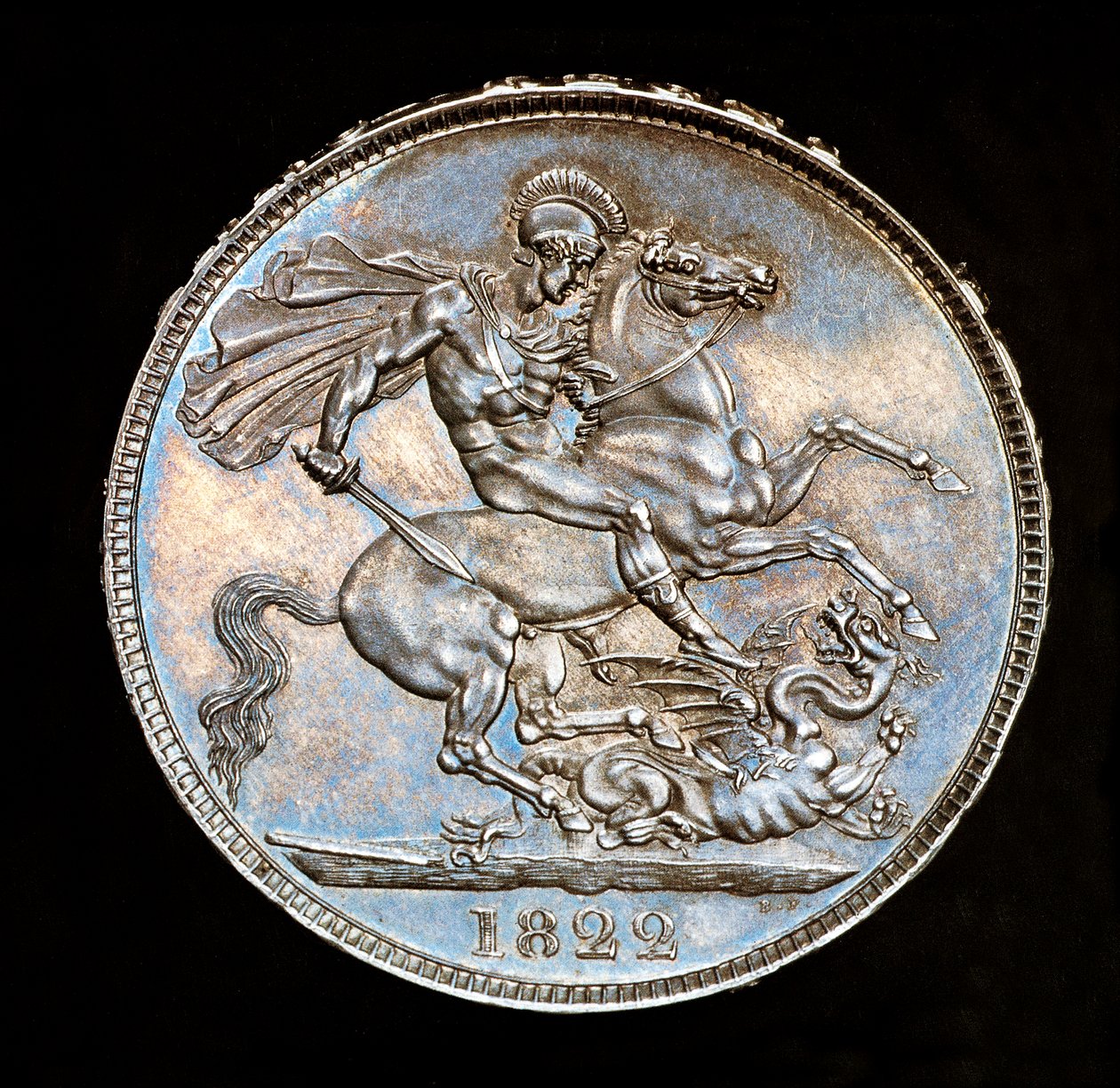 Rare British Coin, King George IV, Proof Silver Crown, Patron saint of England on horseback with sword about to slay the dragon, dies by Benedetto Pistrucci by Unbekannter Künstler