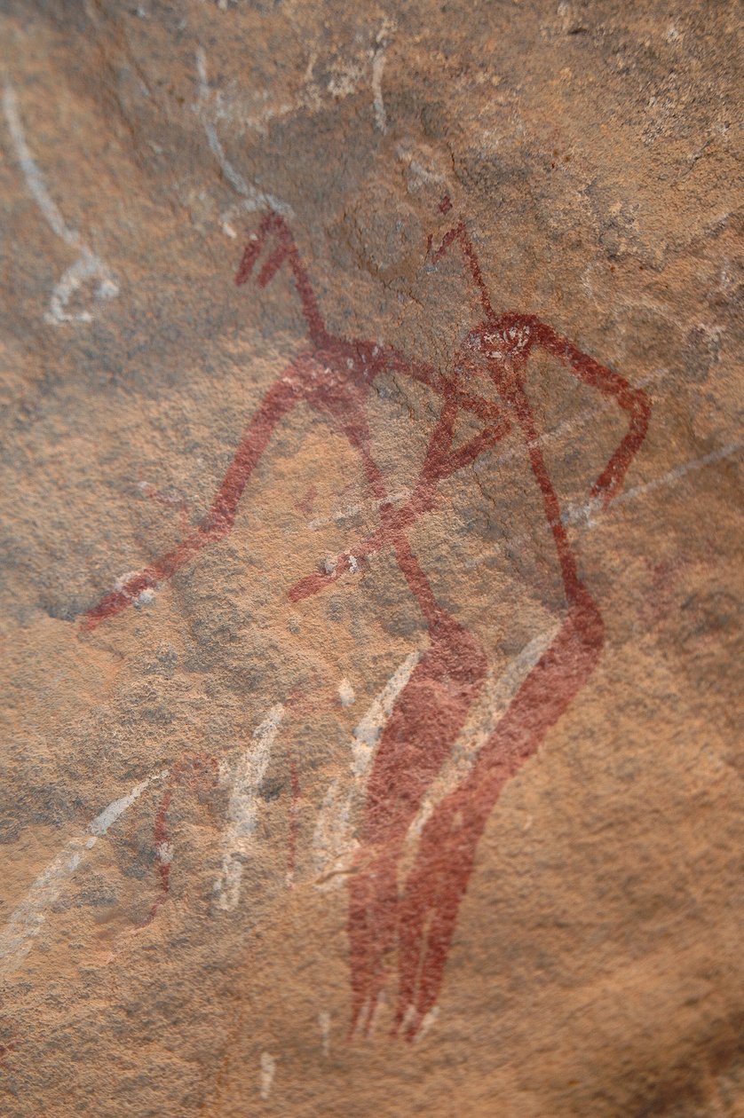 Rock Art, Prehistory: Rock painting of two longiline characters in an ornate shelter in the Uweinat Mountains, Sudan by Unbekannt