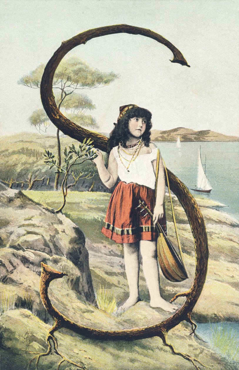 S: A Young Girl in a Short Skirt and Sleeveless Bodice Holding a Mandolin in Her Left Hand. Countryside Setting - Alphabet Characters Ref Th. E., L. Theochrom - Series 994. Theodor Eisman, publisher, Leipzig by Unbekannt