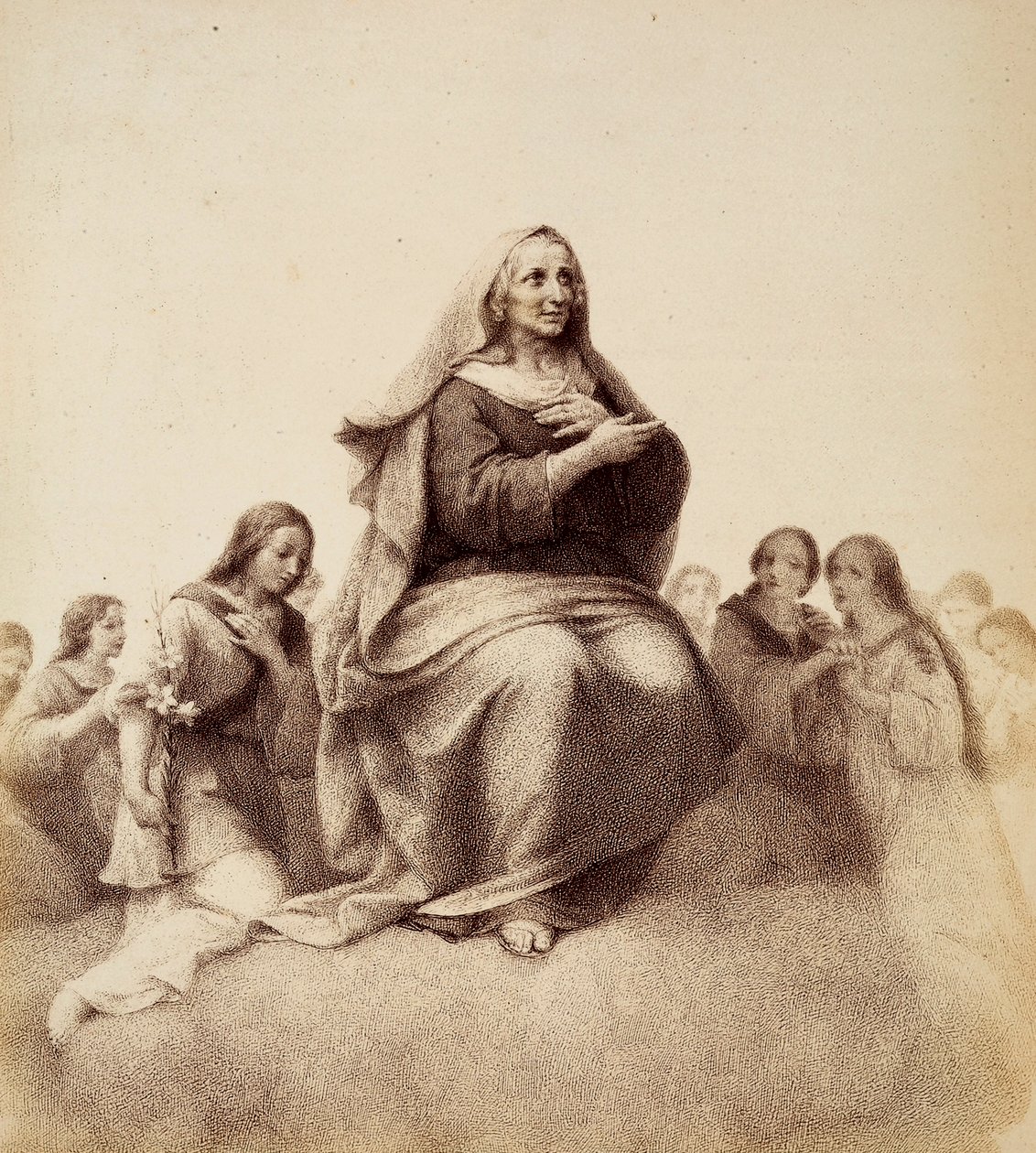 Saint Ann contentedly contemplates her daughter. Illustration of Canto XXXII in Paradiso of The Divine Comedy by Dante Alighieri. Work of Francesco Scaramuzza dedicated to the Municipality of Florence by Unbekannter Künstler