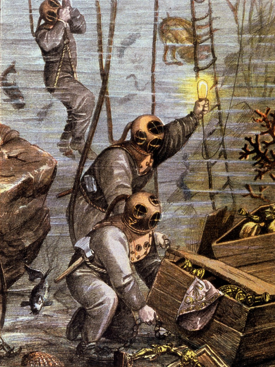 Scuba Diver Discovering Underwater Treasure, Early 20th Century (Illustration) by Unbekannter Künstler
