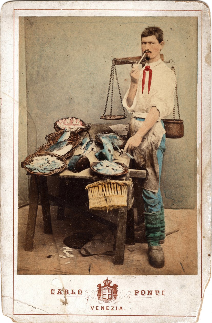 Small Trades: Portrait of Fish Monger, Close to His Stall of Fish, Venice - 19th Century by Unbekannt