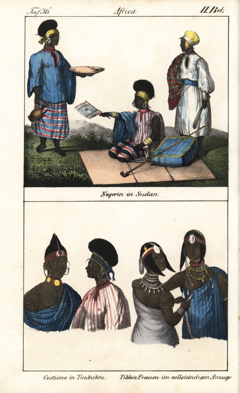 Sudanese women in striped dress. Below, demmes of Timbuktu (Mali) and Tibbo women of the Sahara. Lithography for the book: “Galerie complete en tableaux fideles des peuples d
