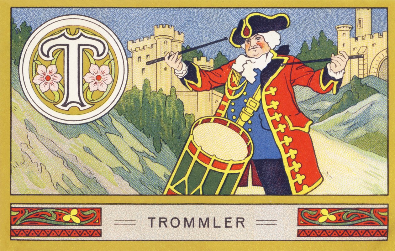 T: Drummer - Alphabet Palmin. Series of chromolithographs published by H. Schlinck & Co, Hamburg. Advertisement for Palmin finest coconut fat. Dimensions: 7 x 11 cm by William M. Timlin