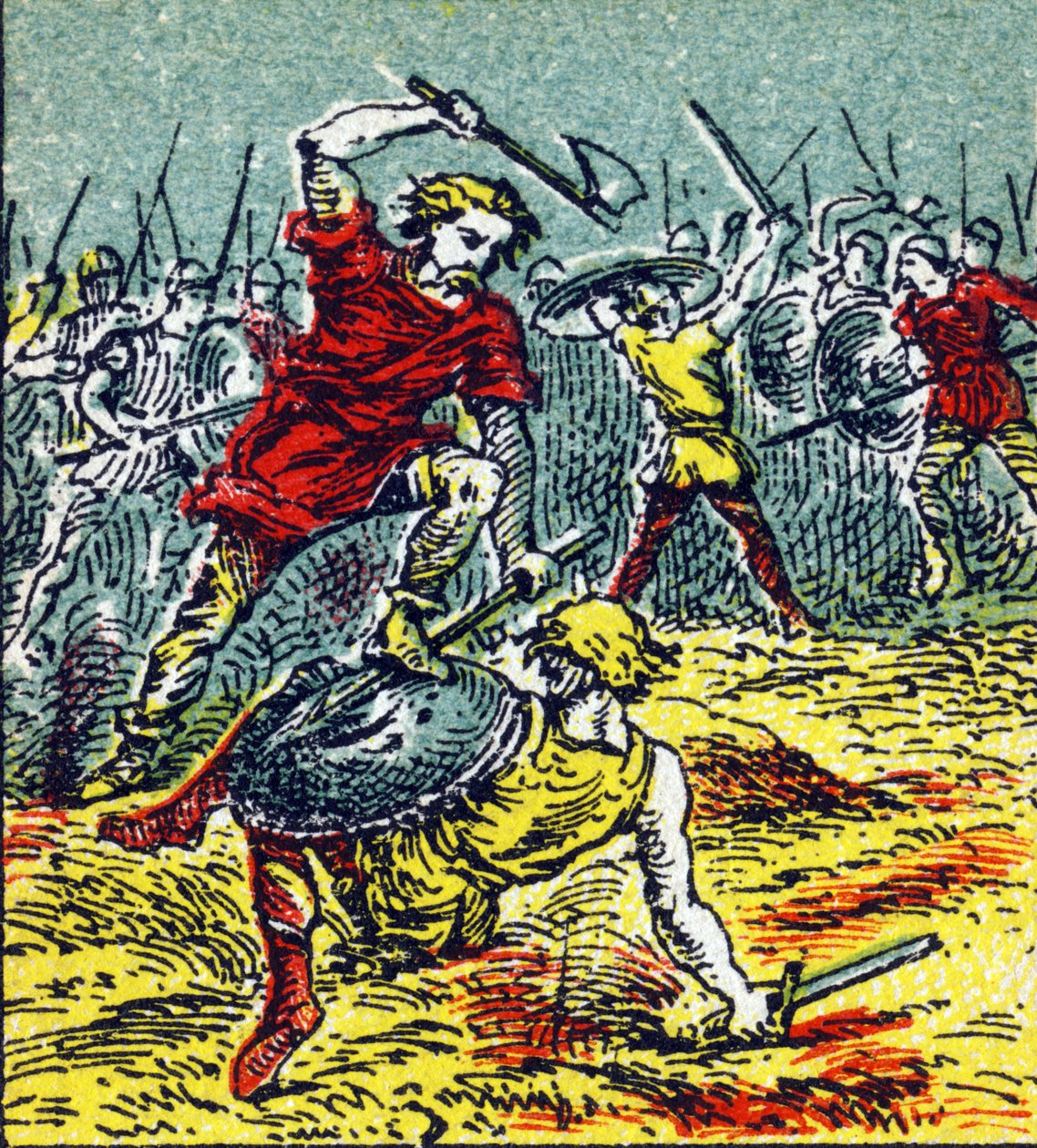 The Battle of Vouille in which Clovis I defeated the Visigoths in 507. Engraving in "Histoire de France". Series of advertising images published on behalf of Louit, circa 1920. by Unbekannt