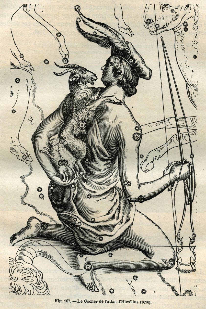The Coach of the Atlas of Hevelius (1690): The constellation of the Coach, which holds in the right hand a whip and reins and on the left arm the Chevre and two chevrals, is one of the oldest in the Greek sphere. Engraving from Camille Flammarion
