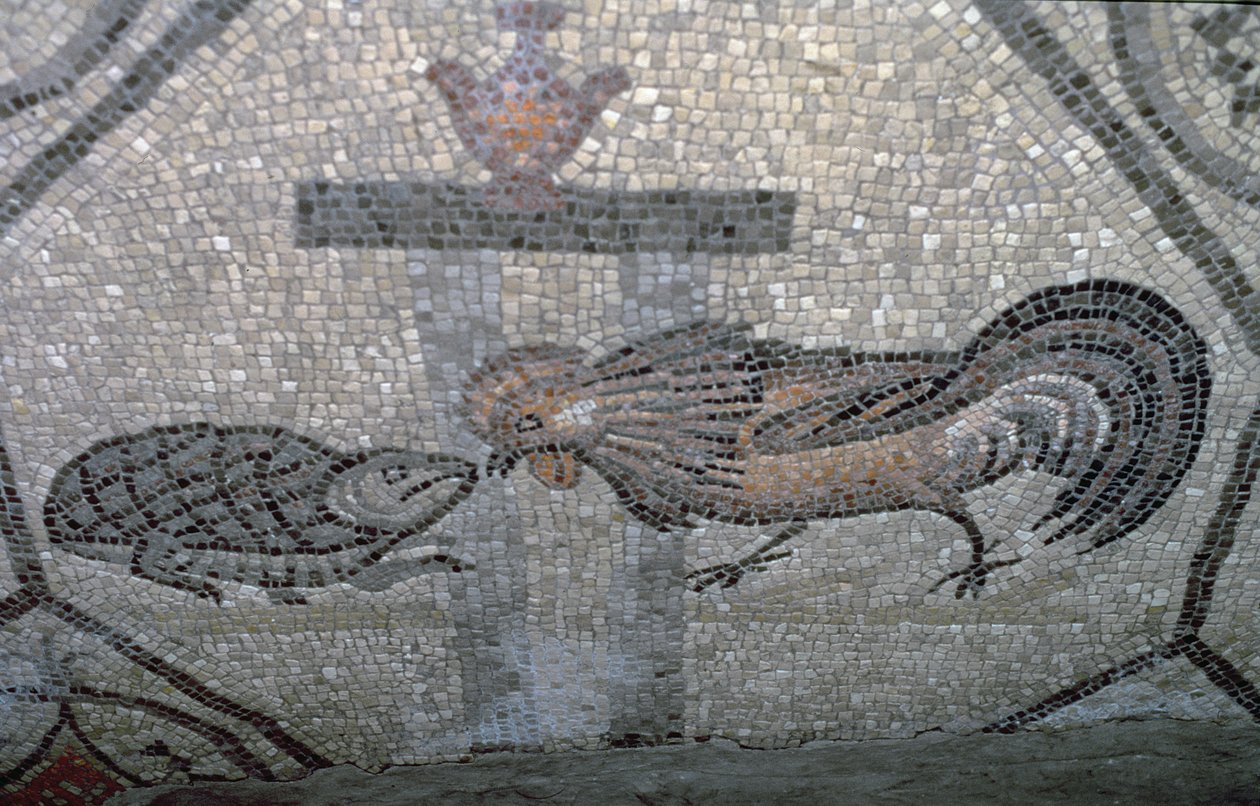 The Cock and the Tortoise, Detail from a Decorative Pavement Depicting Christian Images and Pagan Symbols by Unbekannt