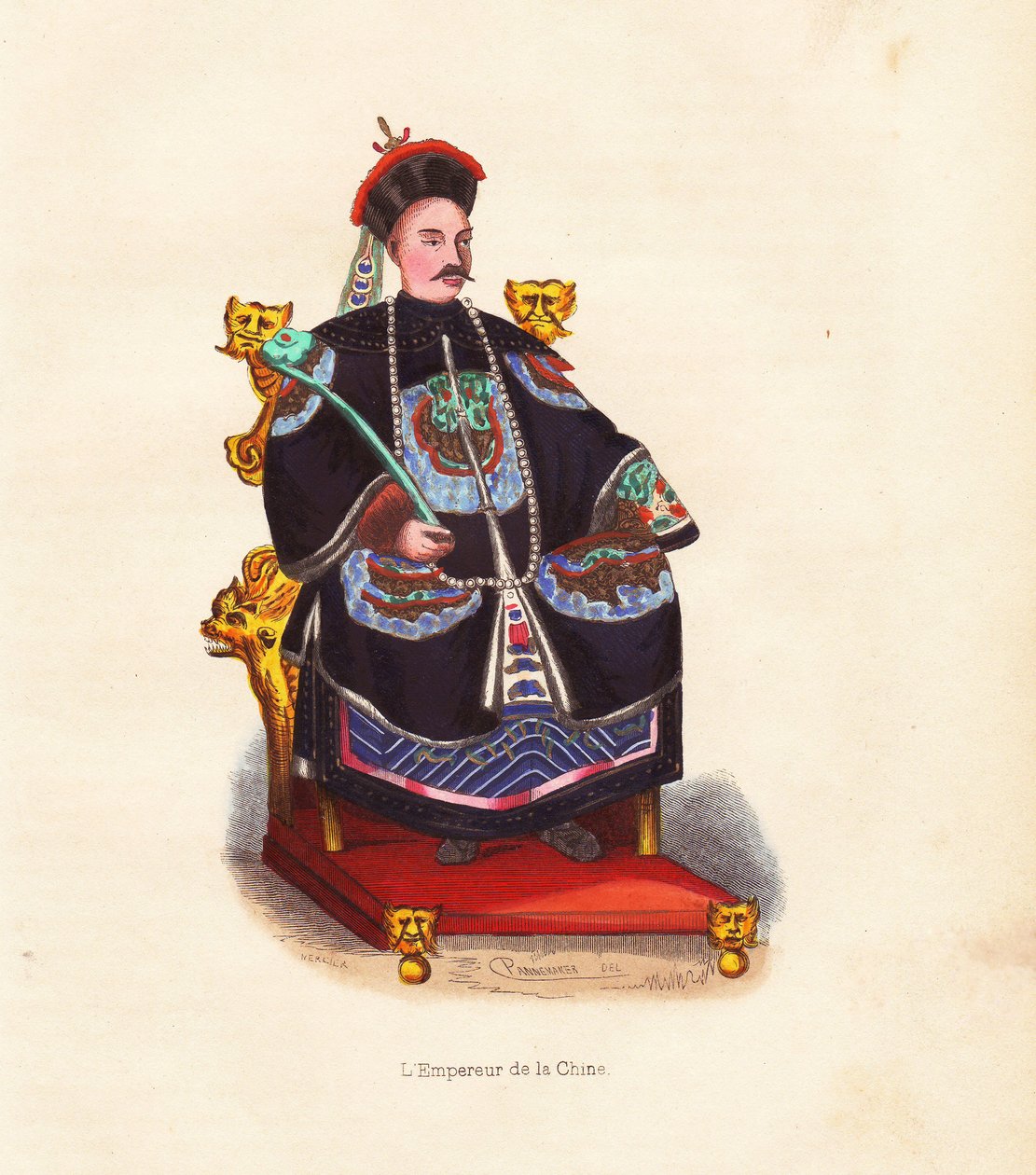 The Emperor of China in Embroidered Robes and Hat with Peacock Feather Seated on His Throne by Unbekannter Künstler