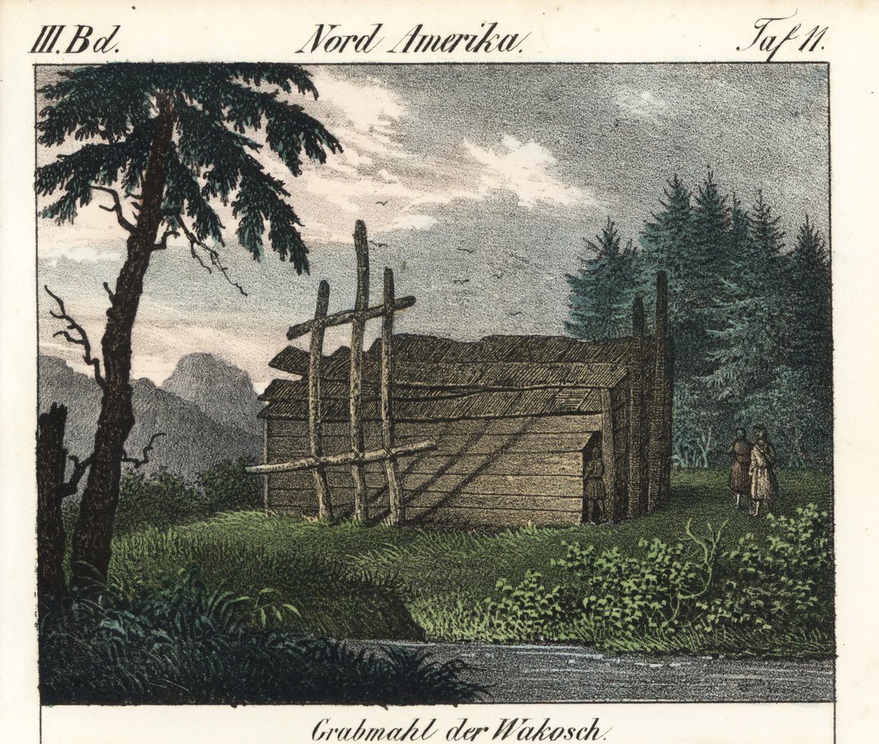 The Wood Tomb of the Wakashan Indians (Canada). Lithography for the book: “Galerie complete en tableaux fideles des peuples d