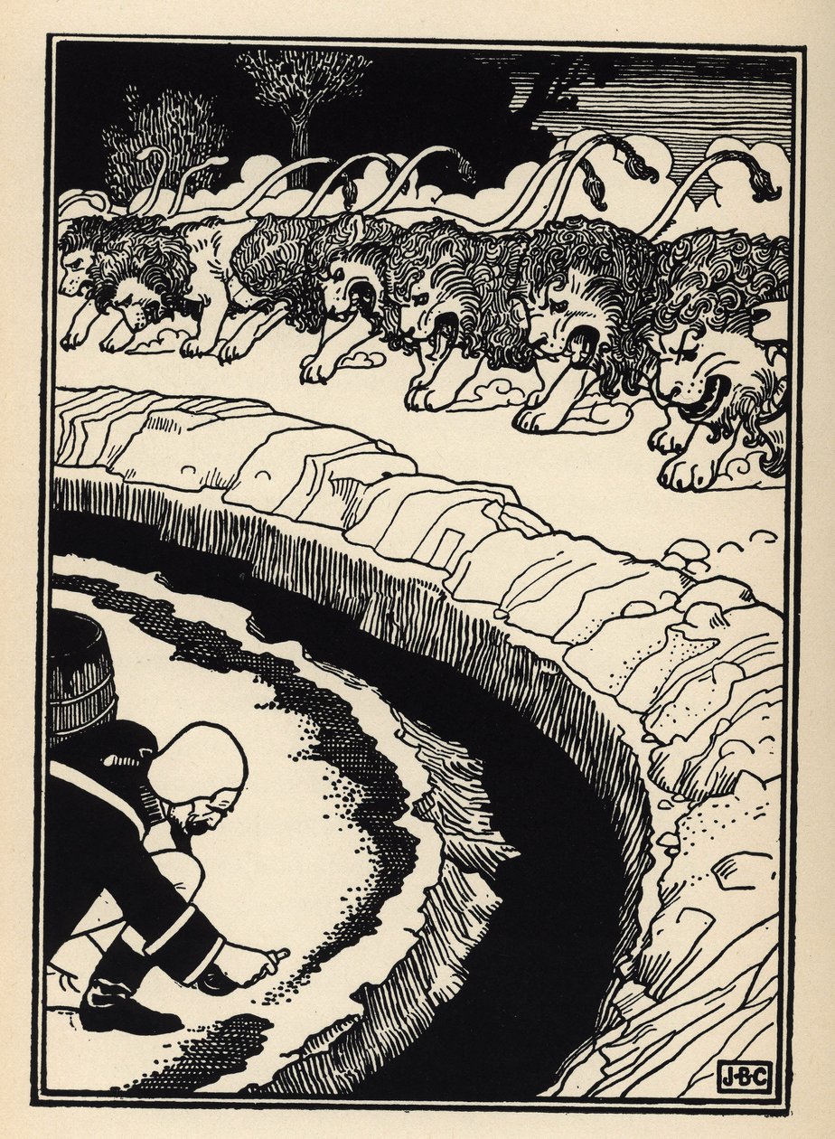 The baron defends himself from the attack of lions by setting fire to gunpowder. Illustration by William Strang and JB Clark from The Adventures of the Baron of Munchausen by Rudolf Erich Raspe by Unbekannt