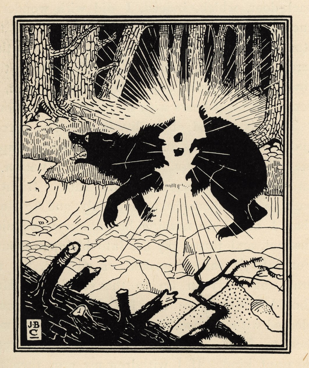 The baron explodes a black bear with two flints. Illustration by William Strang and JB Clark from The Adventures of the Baron of Munchausen by Rudolf Erich Raspe by Unbekannt