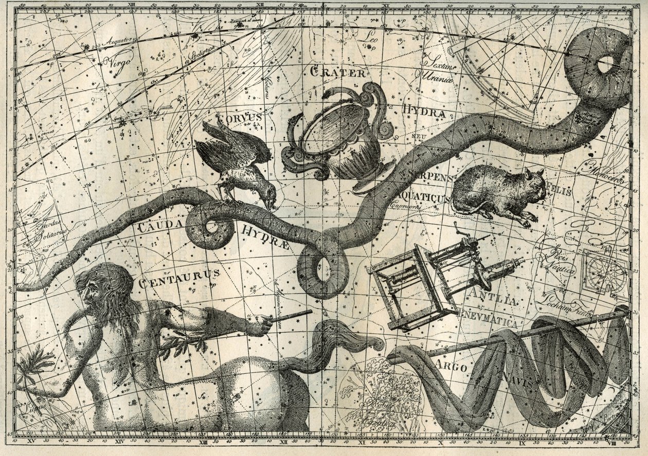 The constellation of Hydra, with a Crow that tingled it and a Cup of Balancing, originated from the myth of Apollo who had sent a crow with a cup full of water to make a sacrifice to Jupiter. Below the Hydra, the French astronomer Lalande (1732-1807) by Unbekannter Künstler