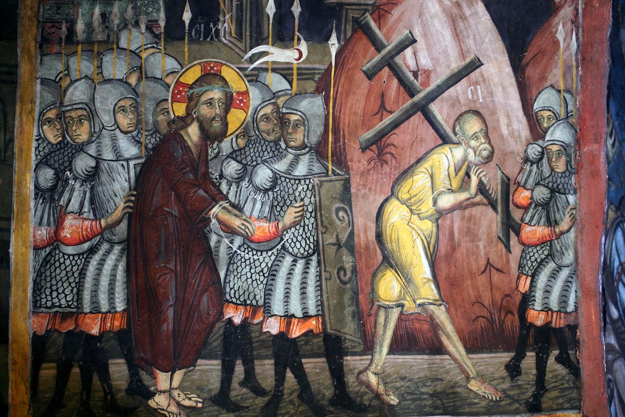 The Passion of Christ: Simon Carrying the Cross, Byzantine Fresco from Agios Ioannis Lampadistis Monastery, Saint John Lampadistis, 11th Century, Cyprus, Painted Churches UNESCO Site, Troodos, Cyprus by Unbekannt